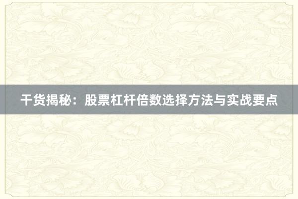 干货揭秘：股票杠杆倍数选择方法与实战要点